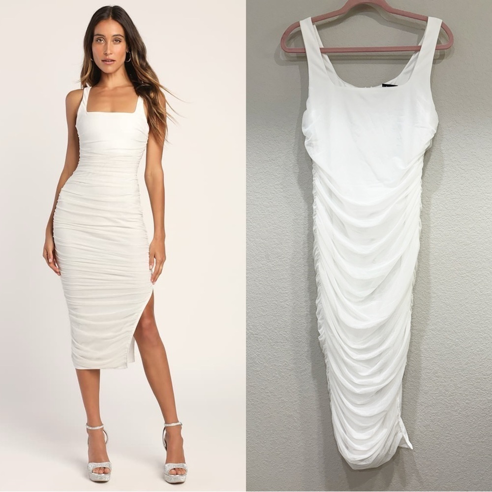 NWOT Lulus V.I.P. Treatment White Mesh Ruched Bodycon Midi Dress